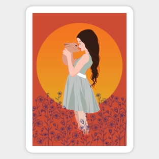 Rabbit and Girl with Sunset. Sticker